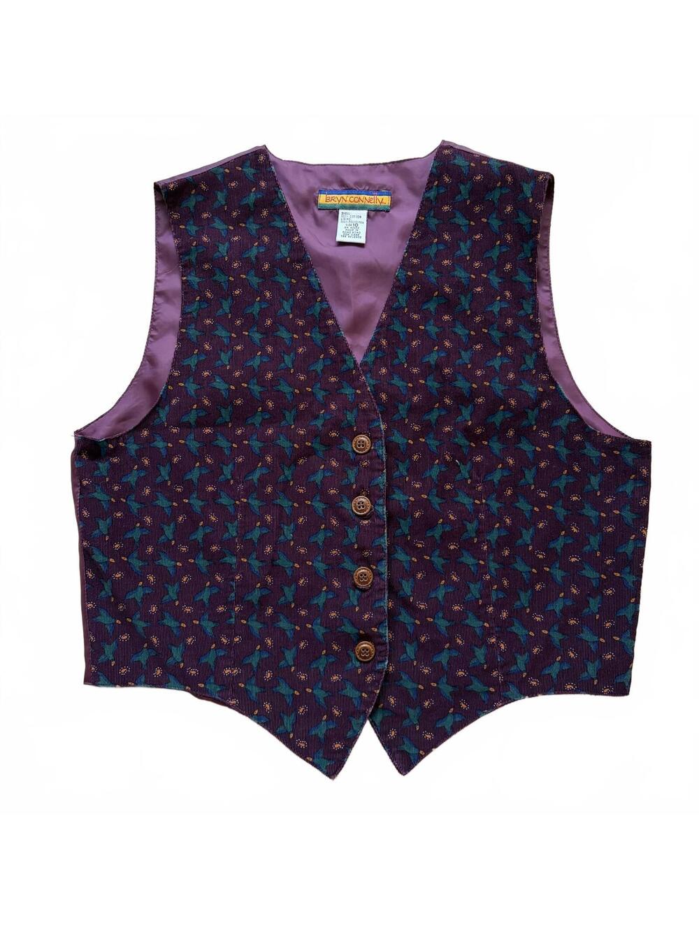 Vintage Bryn Connelly Corduroy Vest Bird Button Up Cottagecore Women's Size 10